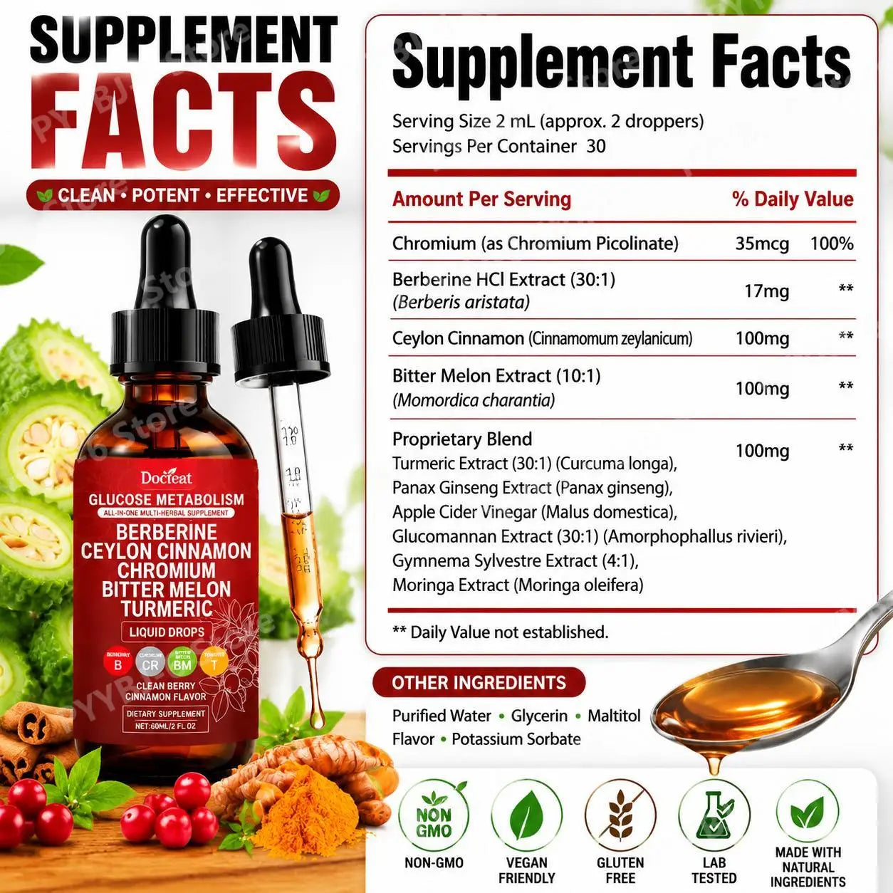 Docteat Metabolism Liquid Drops with Chromium Picolinate, Berberine HCl Extract, Ceylon Cinnamon, Turmeric Extract 60 ML