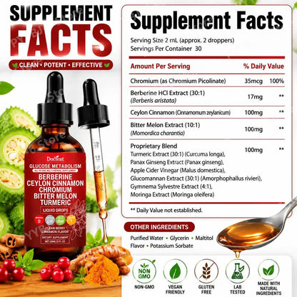 Docteat Metabolism Liquid Drops with Chromium Picolinate, Berberine HCl Extract, Ceylon Cinnamon, Turmeric Extract 60 ML