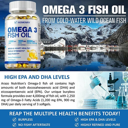 Omega-3 Fish Oil - Rich in Omega-3 Fatty Acids, EPA, DHA - Good for Heart, Brain, Eyes, Immune Health