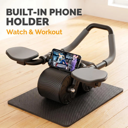 3 IN 1 Core Workout Ab Roller With Knee Pad Phone Holder Timer Home Fitness Black