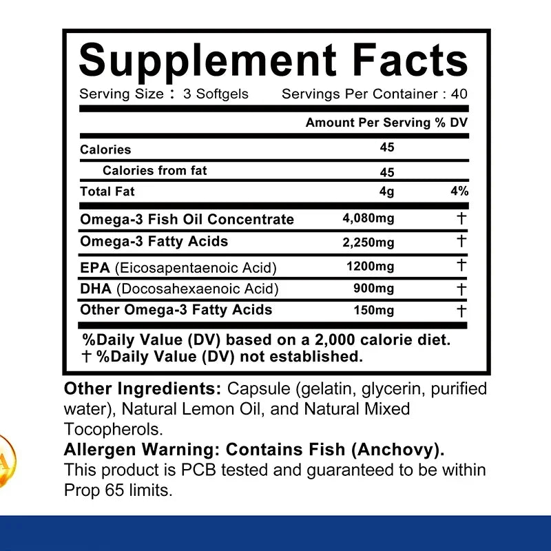 Omega-3 Fish Oil - Rich in Omega-3 Fatty Acids, EPA, DHA - Good for Heart, Brain, Eyes, Immune Health