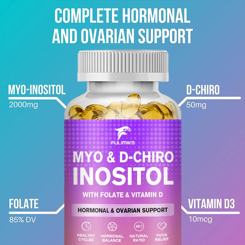 Myo & D-Chiro Inositol Capsules, with Ashwagandha, Improves Muscle, Ovarian Function, Antioxidant, Blood Sugar Balance