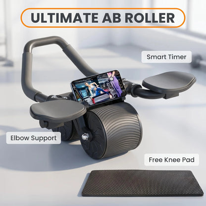 3 IN 1 Core Workout Ab Roller With Knee Pad Phone Holder Timer Home Fitness Black