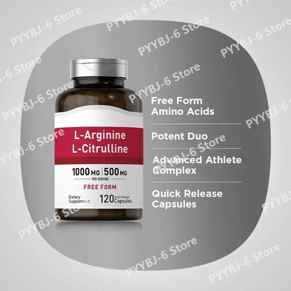L-Arginine L-Citrulline Capsules 1000mg/500mg Free Form Amino Acid Supplement for Fitness Support & Active Lifestyle, 120 Ct
