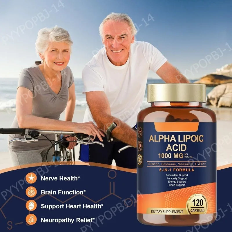 Alpha Lipoic Acid 6-in-1 Formula 1000mg, Turmeric Selenium Vitamins C E B12, 120 Veggie Capsules for Daily Wellness Support