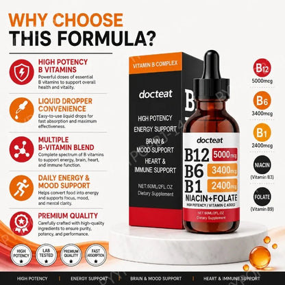 Docteat Vitamin B Complex Liquid Drops with Vitamin C Supports Energy Metabolism Daily Wellness 60ml