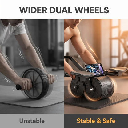 3 IN 1 Core Workout Ab Roller With Knee Pad Phone Holder Timer Home Fitness Black