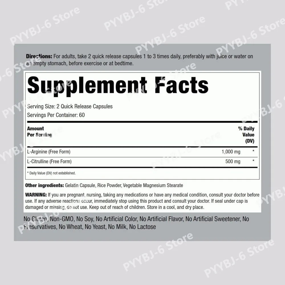 L-Arginine L-Citrulline Capsules 1000mg/500mg Free Form Amino Acid Supplement for Fitness Support & Active Lifestyle, 120 Ct