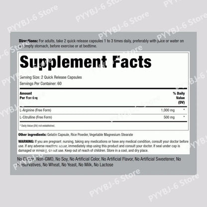 L-Arginine L-Citrulline Capsules 1000mg/500mg Free Form Amino Acid Supplement for Fitness Support & Active Lifestyle, 120 Ct