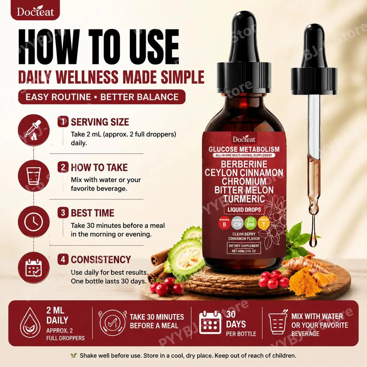 Docteat Metabolism Liquid Drops with Chromium Picolinate, Berberine HCl Extract, Ceylon Cinnamon, Turmeric Extract 60 ML