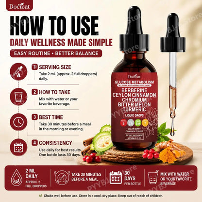 Docteat Metabolism Liquid Drops with Chromium Picolinate, Berberine HCl Extract, Ceylon Cinnamon, Turmeric Extract 60 ML
