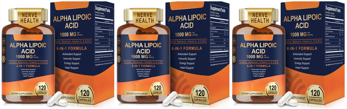 Alpha Lipoic Acid 6-in-1 Formula 1000mg, Turmeric Selenium Vitamins C E B12, 120 Veggie Capsules for Daily Wellness Support