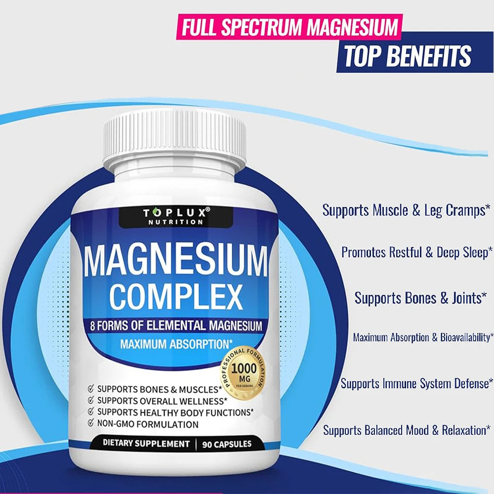 Magnesium Complex Supplement 8 Elemental 1000mg - Magnesium Glycinate, Citrate, Malate, Taurate for Bones, Recovery, Energy