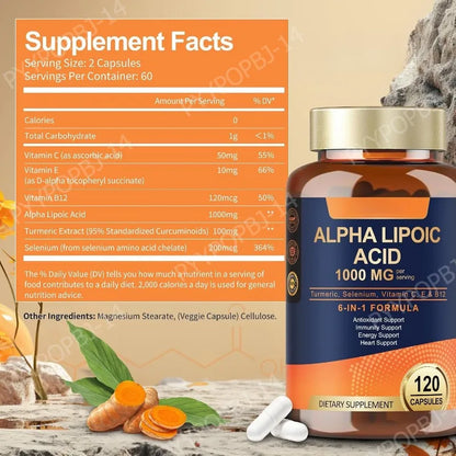 Alpha Lipoic Acid 6-in-1 Formula 1000mg, Turmeric Selenium Vitamins C E B12, 120 Veggie Capsules for Daily Wellness Support