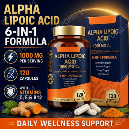 Alpha Lipoic Acid 6-in-1 Formula 1000mg, Turmeric Selenium Vitamins C E B12, 120 Veggie Capsules for Daily Wellness Support