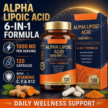 Alpha Lipoic Acid 6-in-1 Formula 1000mg, Turmeric Selenium Vitamins C E B12, 120 Veggie Capsules for Daily Wellness Support