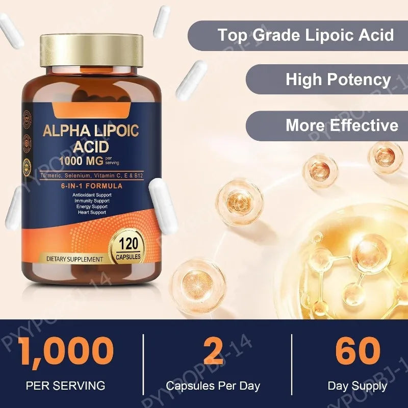 Alpha Lipoic Acid 6-in-1 Formula 1000mg, Turmeric Selenium Vitamins C E B12, 120 Veggie Capsules for Daily Wellness Support