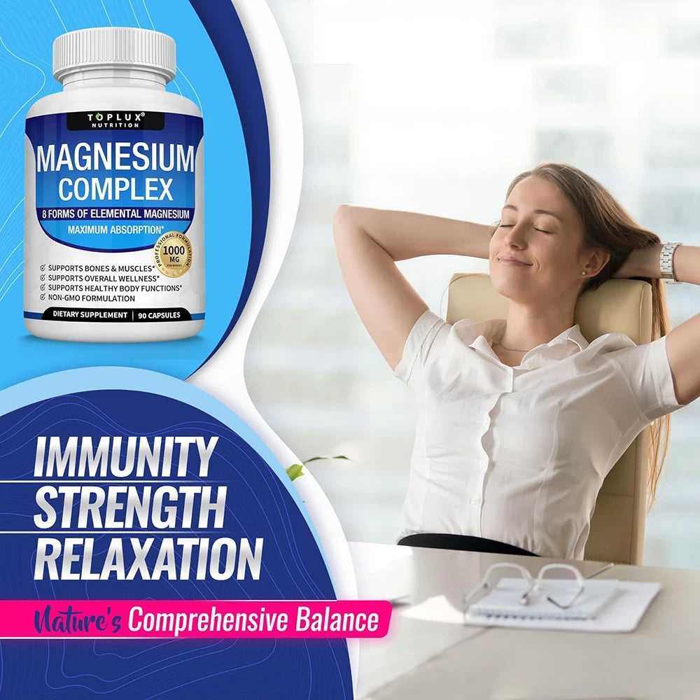 Magnesium Complex Supplement 8 Elemental 1000mg - Magnesium Glycinate, Citrate, Malate, Taurate for Bones, Recovery, Energy