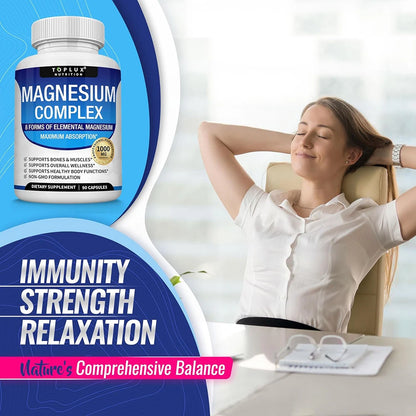 Magnesium Complex Supplement 8 Elemental 1000mg - Magnesium Glycinate, Citrate, Malate, Taurate for Bones, Recovery, Energy