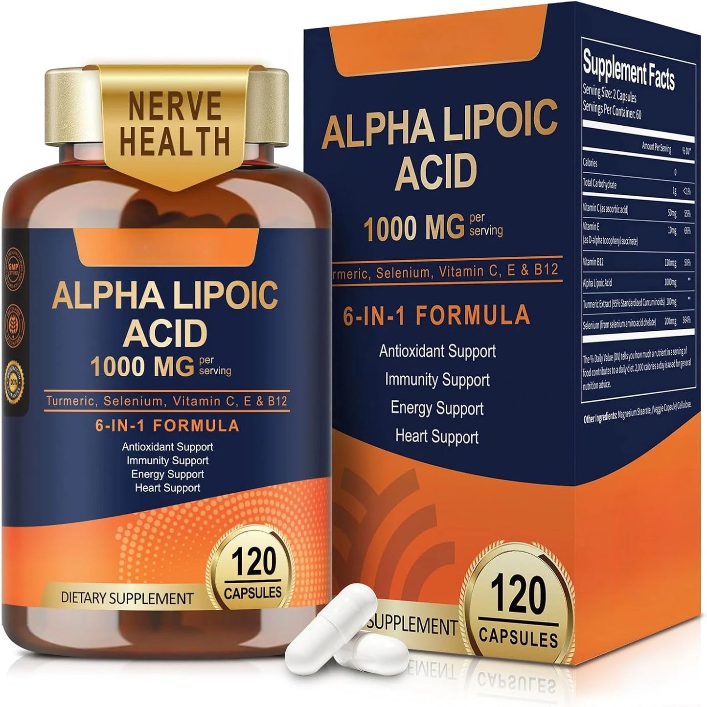 Alpha Lipoic Acid 6-in-1 Formula 1000mg, Turmeric Selenium Vitamins C E B12, 120 Veggie Capsules for Daily Wellness Support