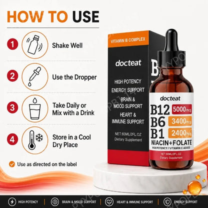 Docteat Vitamin B Complex Liquid Drops with Vitamin C Supports Energy Metabolism Daily Wellness 60ml