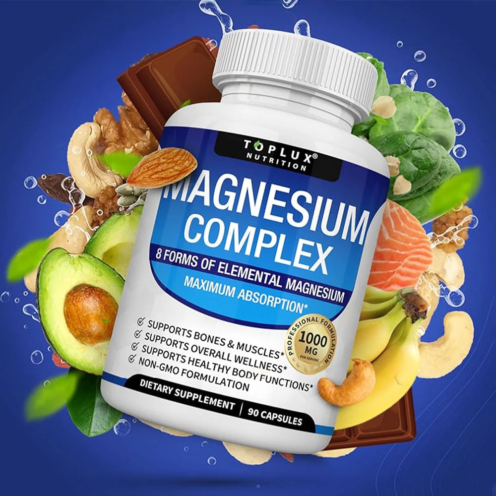 Magnesium Complex Supplement 8 Elemental 1000mg - Magnesium Glycinate, Citrate, Malate, Taurate for Bones, Recovery, Energy