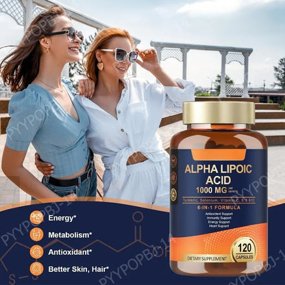 Alpha Lipoic Acid 6-in-1 Formula 1000mg, Turmeric Selenium Vitamins C E B12, 120 Veggie Capsules for Daily Wellness Support