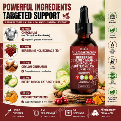 Docteat Metabolism Liquid Drops with Chromium Picolinate, Berberine HCl Extract, Ceylon Cinnamon, Turmeric Extract 60 ML