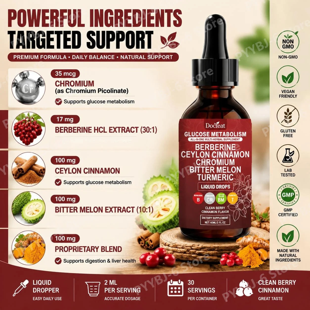 Docteat Metabolism Liquid Drops with Chromium Picolinate, Berberine HCl Extract, Ceylon Cinnamon, Turmeric Extract 60 ML