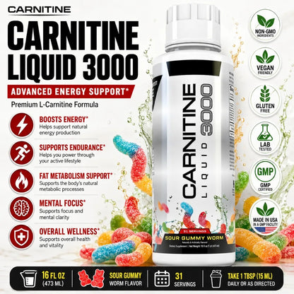 L-Carnitine Liquid 3000mg Sour Gummy Worm Flavor, 31 Servings, Fitness Supplement, Amino Acid Drink, Energy & Metabolism Support