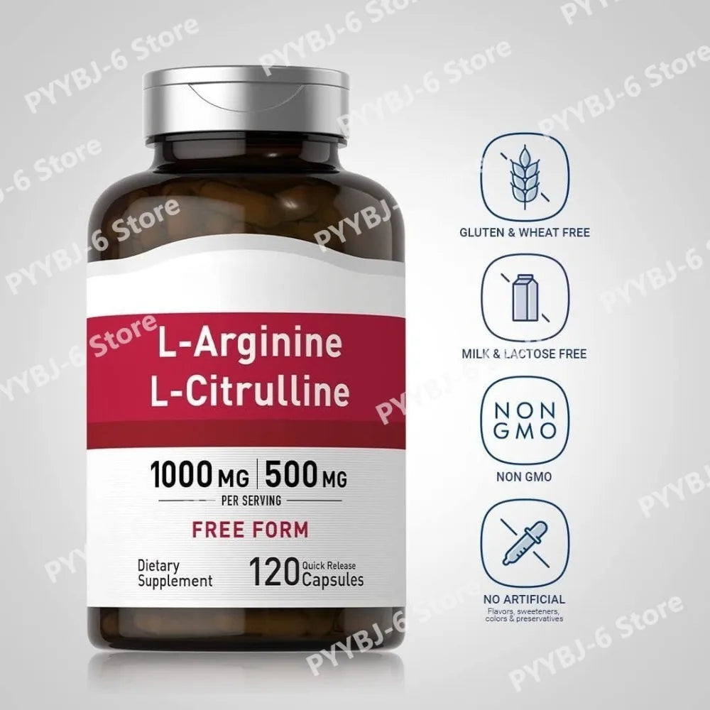 L-Arginine L-Citrulline Capsules 1000mg/500mg Free Form Amino Acid Supplement for Fitness Support & Active Lifestyle, 120 Ct