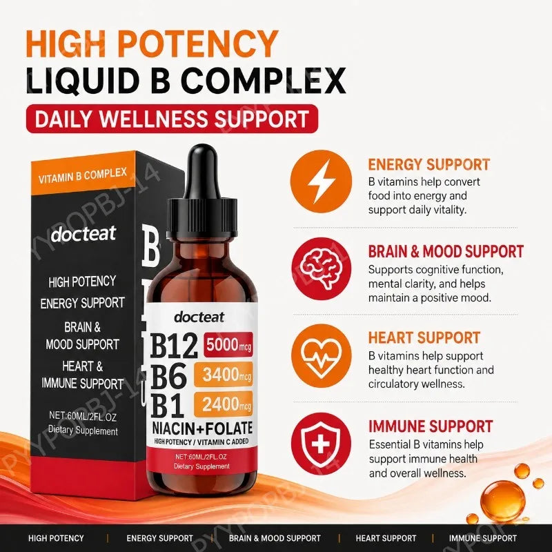 Docteat Vitamin B Complex Liquid Drops with Vitamin C Supports Energy Metabolism Daily Wellness 60ml