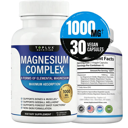 Magnesium Complex Supplement 8 Elemental 1000mg - Magnesium Glycinate, Citrate, Malate, Taurate for Bones, Recovery, Energy