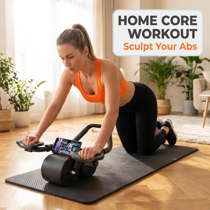 3 IN 1 Core Workout Ab Roller With Knee Pad Phone Holder Timer Home Fitness Black