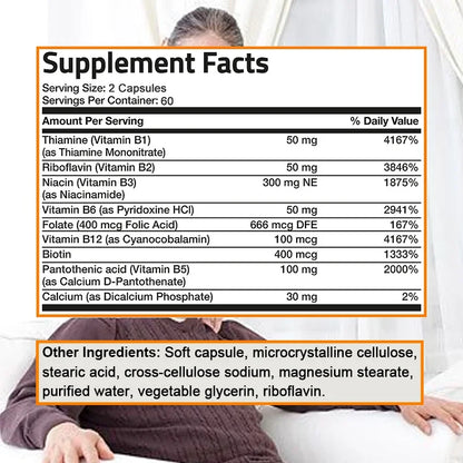 Organic Vitamin B Complex Supports Energy, Immune Health, Antioxidant Supplement - 30/60/120 Vegetarian Capsules