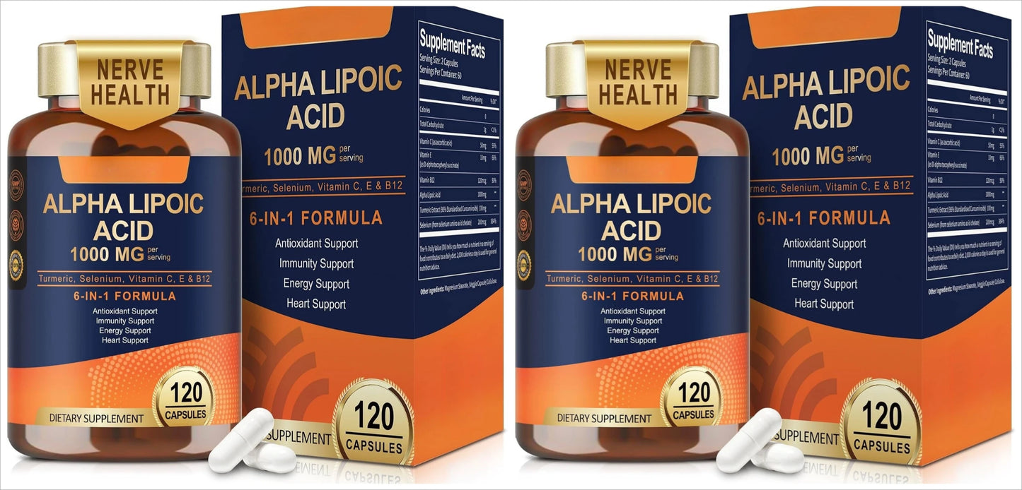 Alpha Lipoic Acid 6-in-1 Formula 1000mg, Turmeric Selenium Vitamins C E B12, 120 Veggie Capsules for Daily Wellness Support